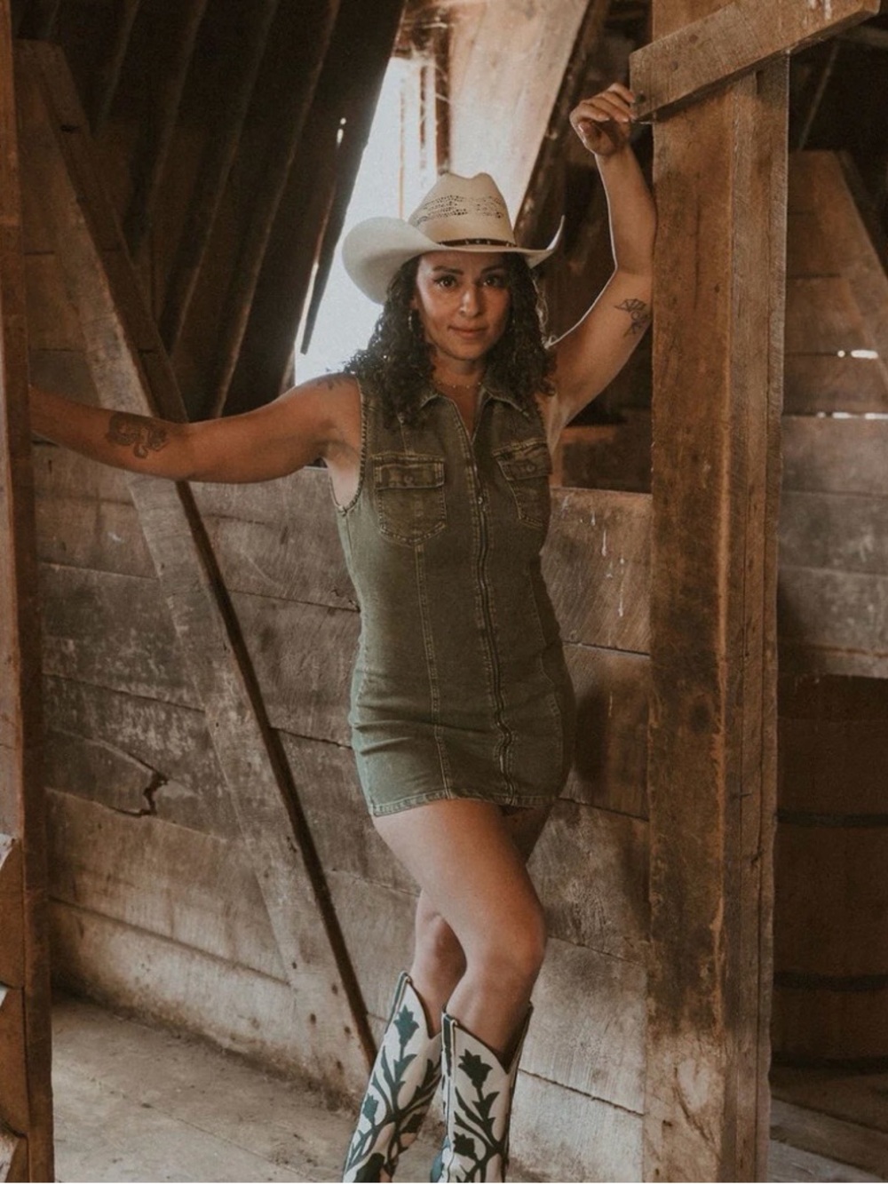 Sleeveless Olive Green Denim Mini Dress